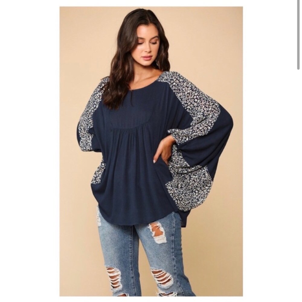 Navy Dolman Leopard Print Blouse